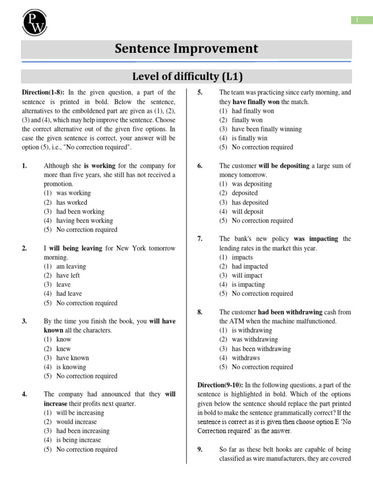 Sentence Improvement - Chapter Wise PDF | PDF | Verb | Grammatical Tense