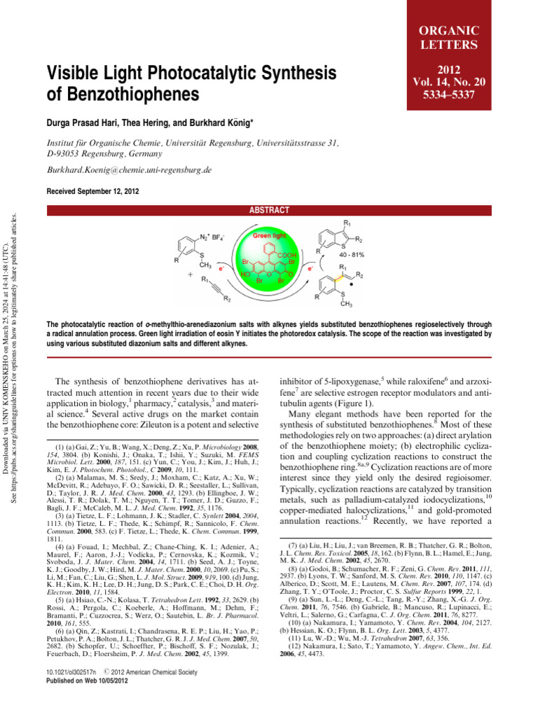 2012 Visible Light Photocatalytic Synthesis of Benzothiophenes | PDF ...