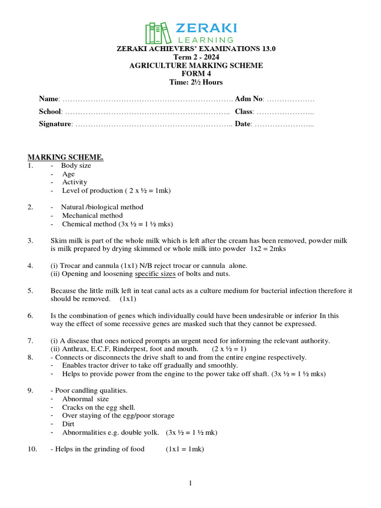 KCSE 2024 Agriculture Paper 2 Marking Guide | PDF | Anthrax