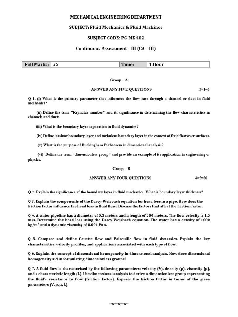 Fluid Mechanics & Fluid Machines CA3 Questions | PDF | Fluid Dynamics ...