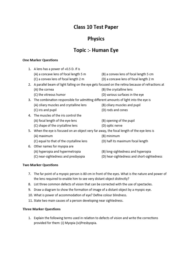 Class 10 Test Paper Human Eye | PDF | Myopia | Eye