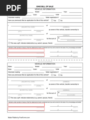 Ohio Motor Vehicle Bill of Sale Form