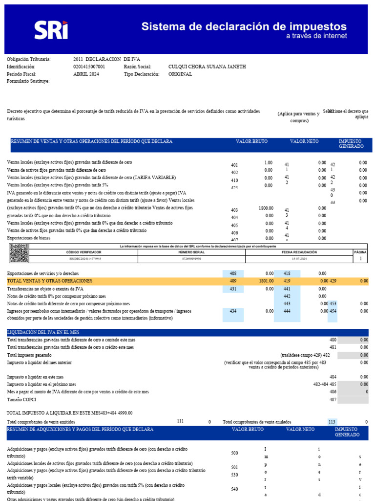Declaración de IVA Abril 2024 SRI | PDF | Impuesto al valor agregado ...
