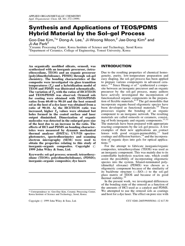 G kim 1999 synthesis and applications of teos pdms hybrid materials