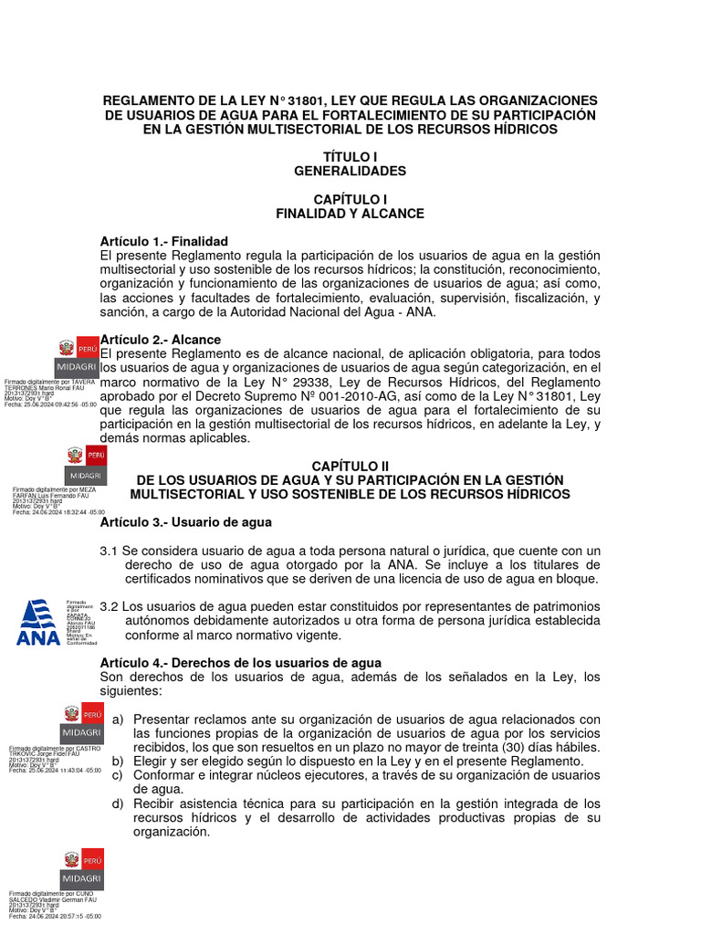 Reglamento de La Ley N 31801 | PDF | Agua | Regulación