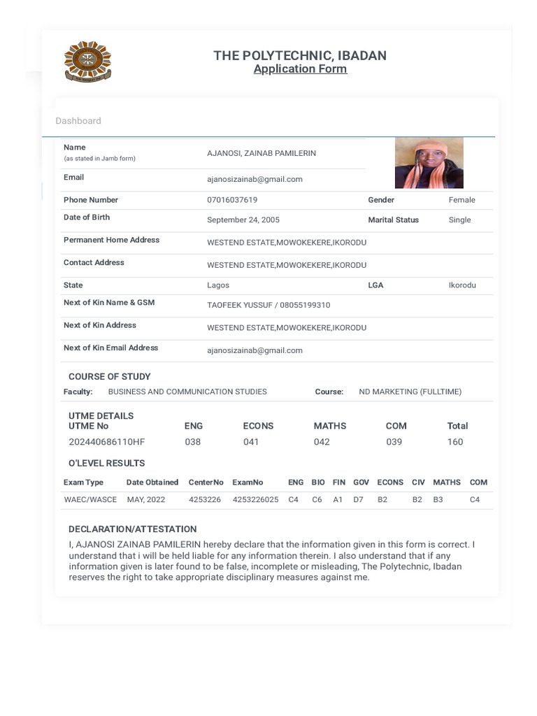 Polytechnic Ibadan Application Form | PDF