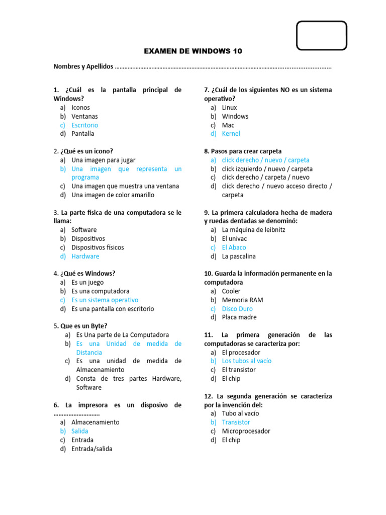 Examen Básico de Windows 10 | PDF | Hardware de la computadora ...
