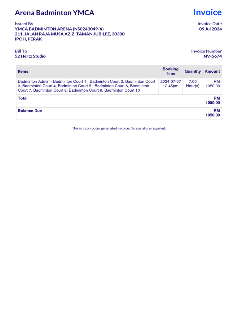YMCA Ipoh Badminton Court Invoice | PDF