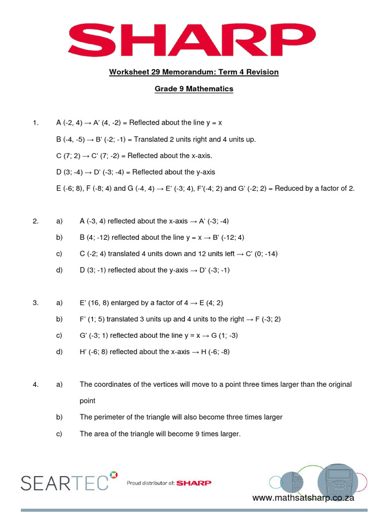 Worksheet 29 Memorandum Term 4 Revision For Grade 9 Pdf Area Triangle