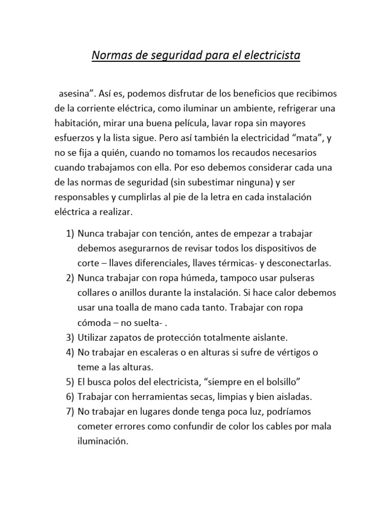 Normas de Seguridad para El Electricista | PDF