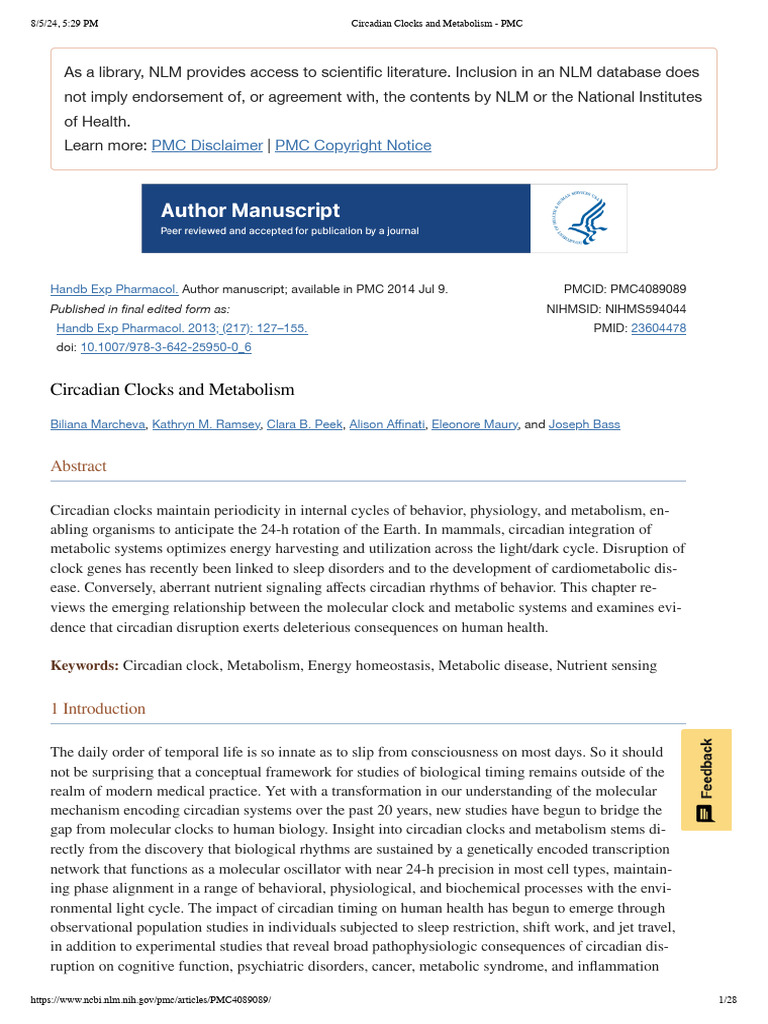 Circadian Clocks and Metabolism - PMC | PDF | Clock | Circadian Rhythm