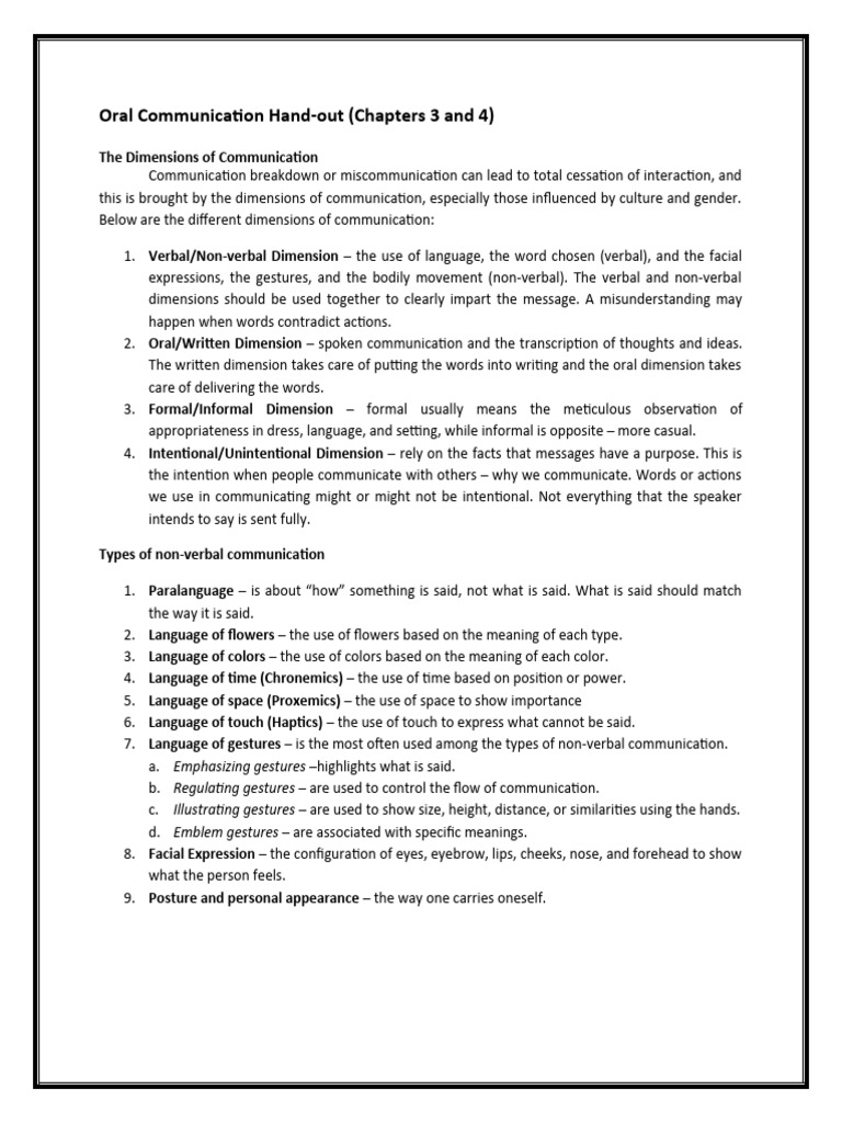Oral Communication Hand-Out 3 and 4 | PDF | Communication | Nonverbal ...
