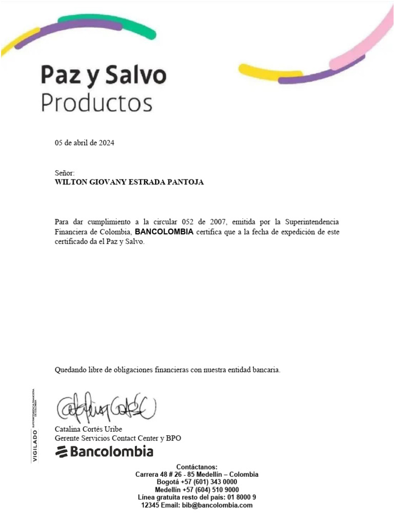 Certificado Paz y Salvo Bancolombia | PDF