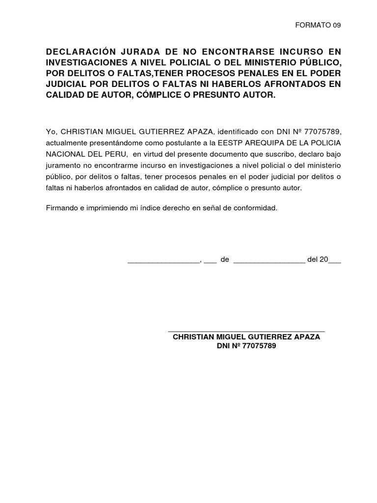 Declaración Jurada de No Incurrir en Delitos | PDF | Derecho