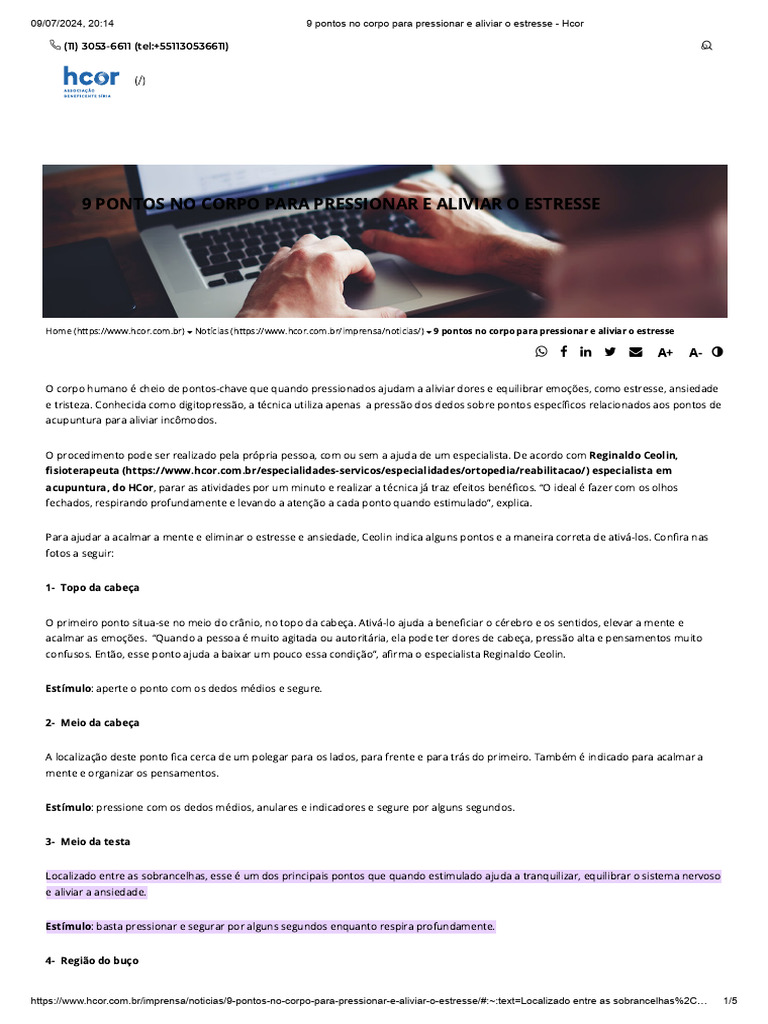 9 Pontos No Corpo para Pressionar e Aliviar o Estresse - Hcor | PDF ...