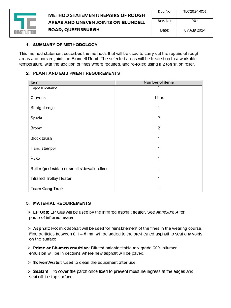 Method Statement - Repairs | PDF | Road