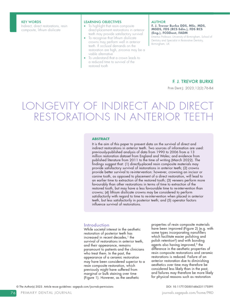 Longevity of Anterior Restorations | PDF | Dental Composite | Human Tooth