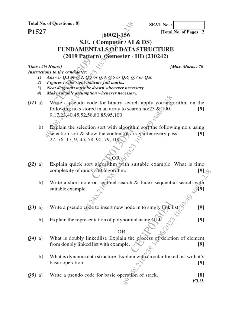 SPPU DSA Question Paper 2023 | PDF | Algorithms And Data Structures ...