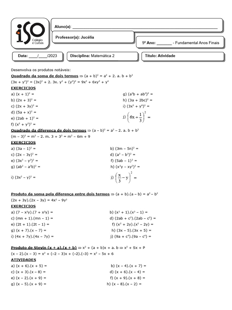 Atividade Sobre Produtos Notáveis - 9 Ano | PDF