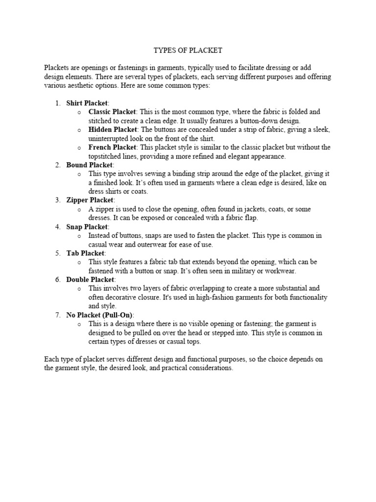 Types of Plackets in Garments | PDF