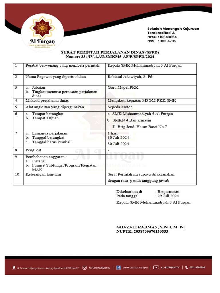SPPD Perjalanan Dinas Guru SMK | PDF