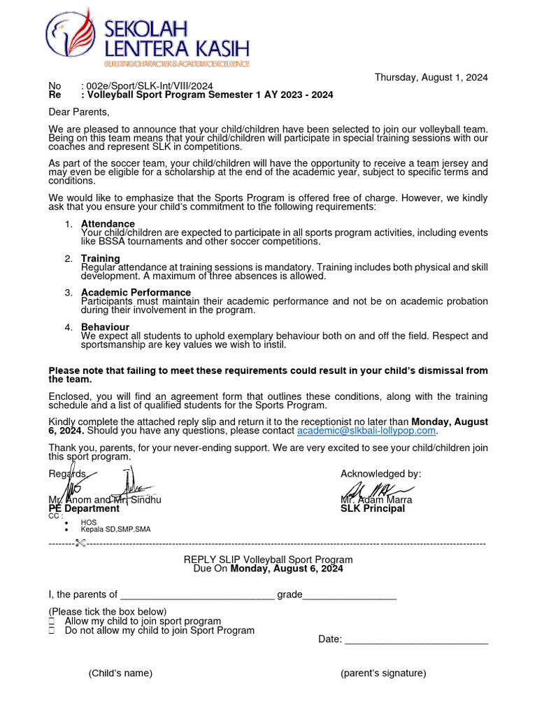 Volleyball Program Announcement 2024 | PDF | Sports
