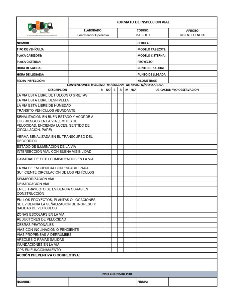 PSER-FO33 Formato de Inspeccion Vial | PDF