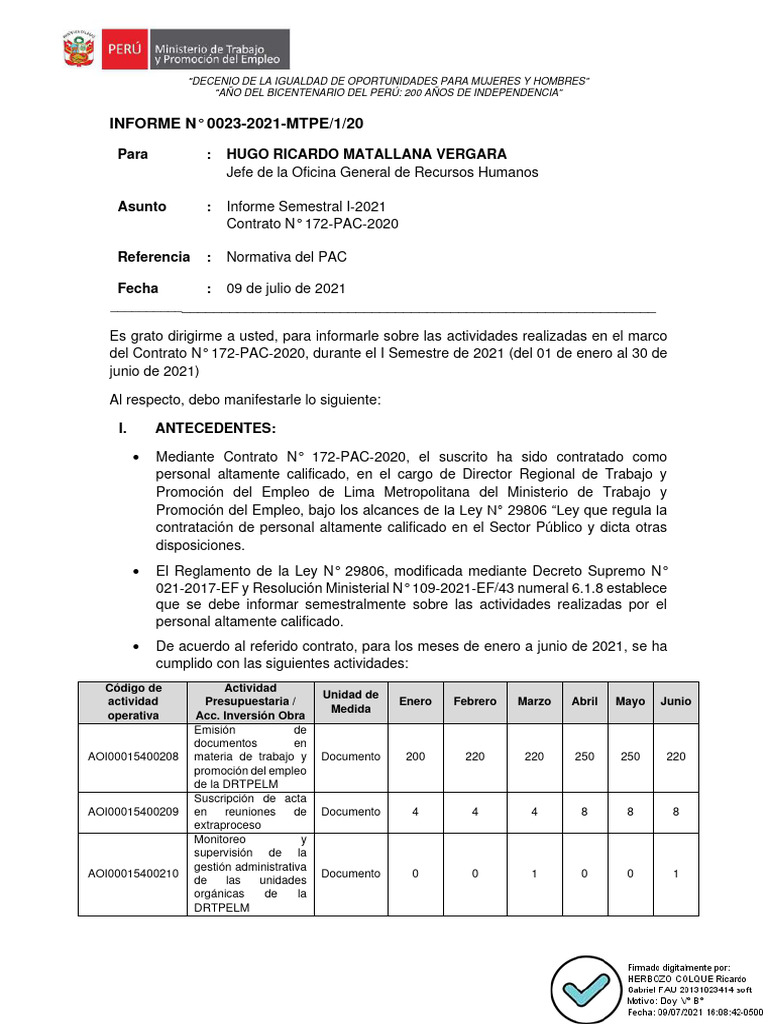 Informe Semestral de Actividades 2021 | PDF | Perú