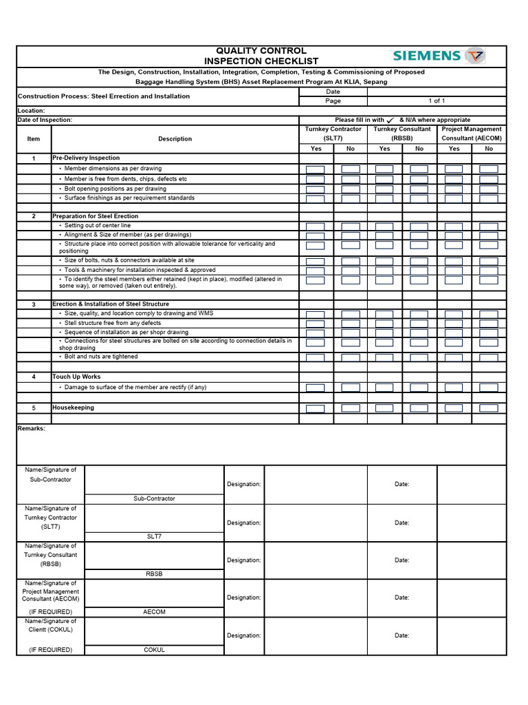 QC Inspection Sheet for Steel Erection | PDF