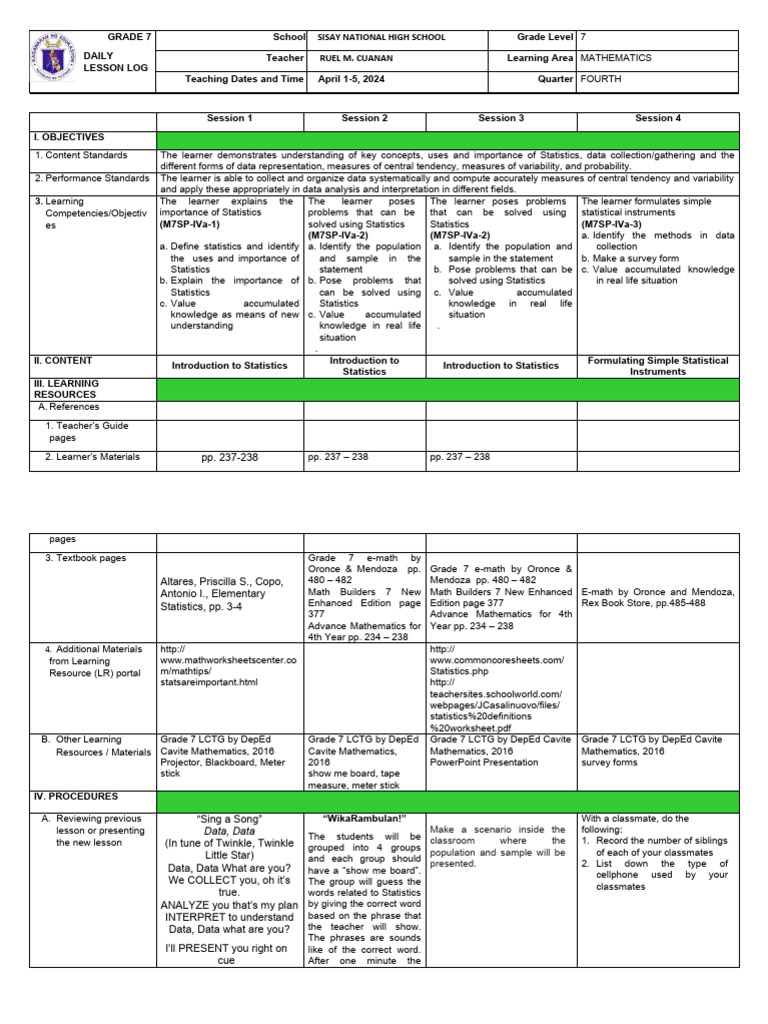 Grade 7 Statistics Lesson Plan | PDF | Statistics | Learning