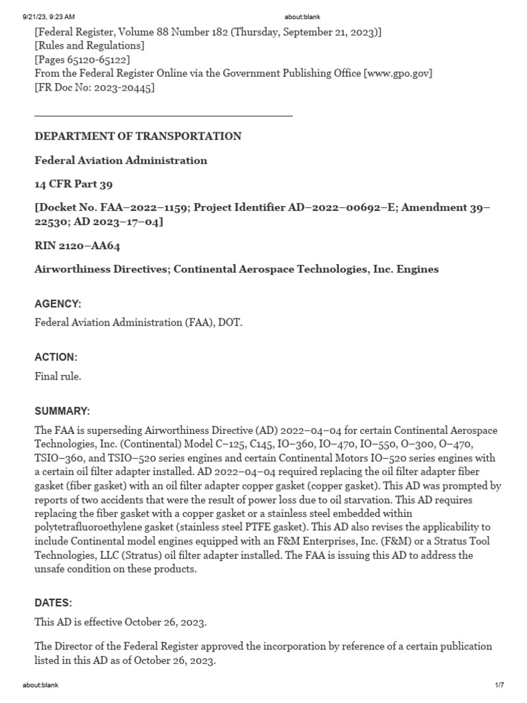 AD 2023-17-04: Continental Engine Update | PDF | Federal Aviation ...