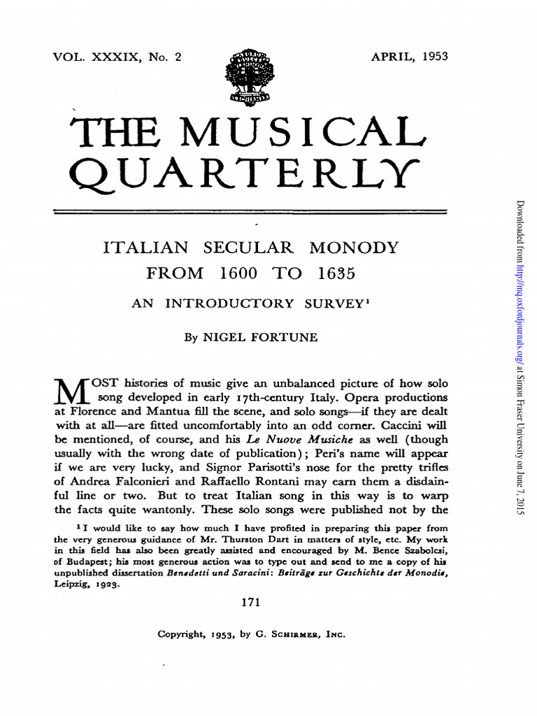 15.italian Secular Monody From 1600 To I635 - An Introductory Survey ...