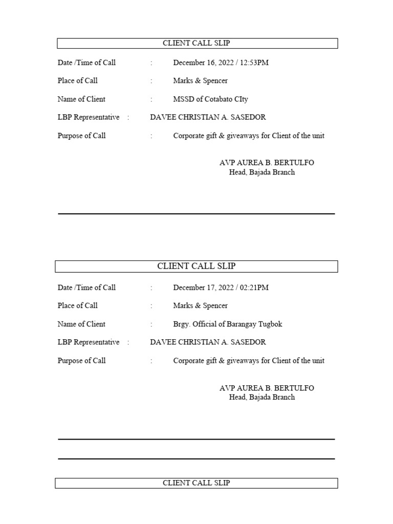 Client Call Slip | PDF