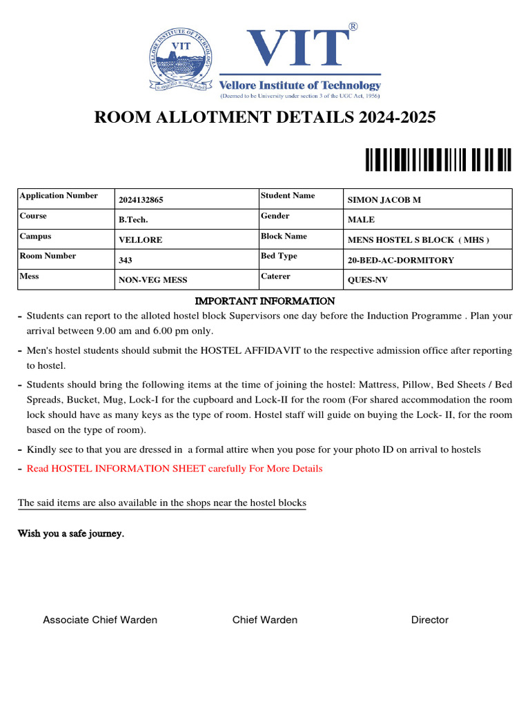Room Allotment Details 2024-2025: Read HOSTEL INFORMATION SHEET ...