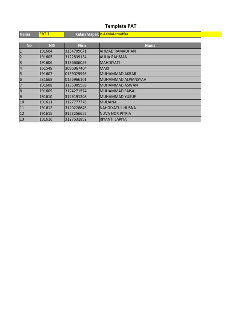Template PAT V.A Matematika | PDF