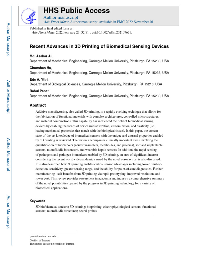 3D Printing in Biomedical Sensors | PDF | 3 D Printing | Biosensor