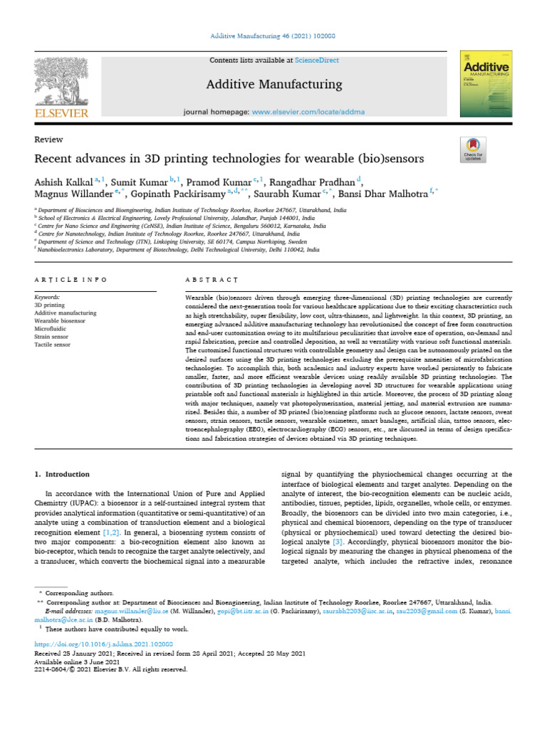 Recent Advances in 3D Printing Technologies For Wearable (Bio) Sensors ...