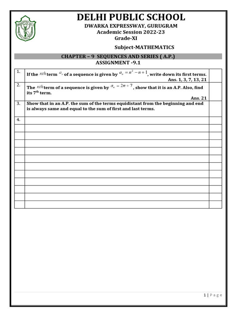 Grade XI Math Assignment on A.P. | PDF