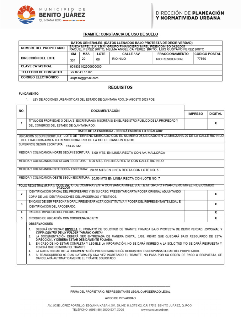 Solicitud Constancia de Uso Del Suelo | PDF
