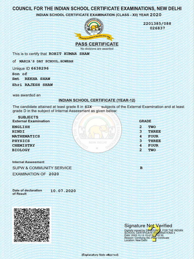 ISC Pass Certificate for Rohit Kumar Shaw | PDF