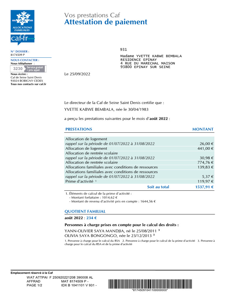 Attestation de paiement CAF - Sept 2022 | PDF | Justice | Crime et violence