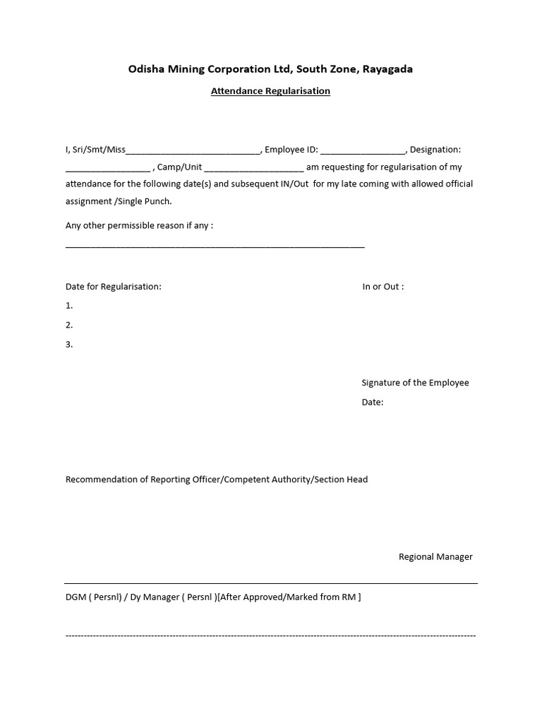 Attendance Regularisation Format | PDF | Business