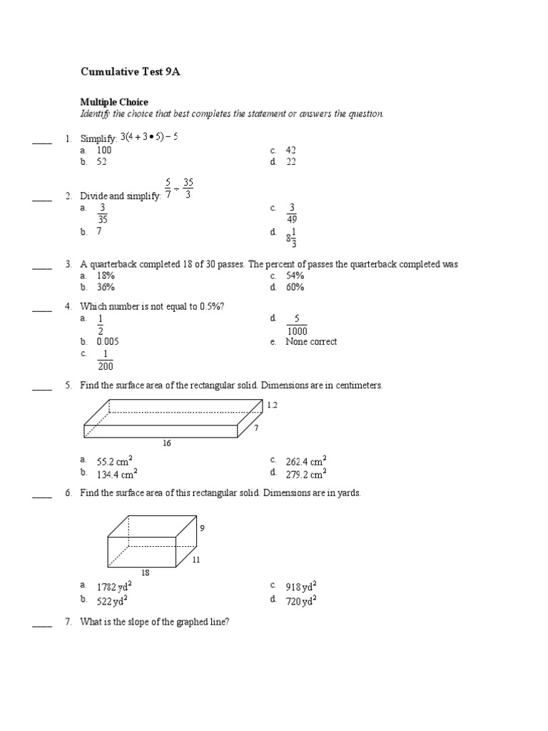 Cumulative Test 9A: Math Assessment | PDF | Area | Circle