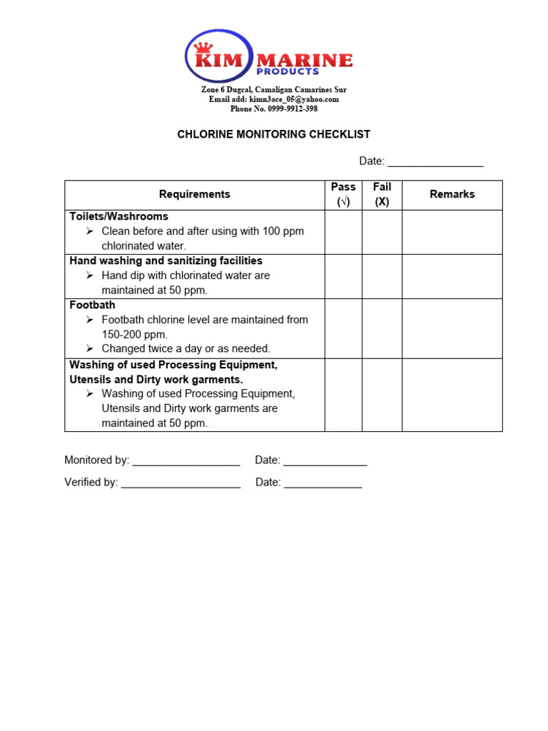 Chlorine Monitoring Checklist Template | PDF