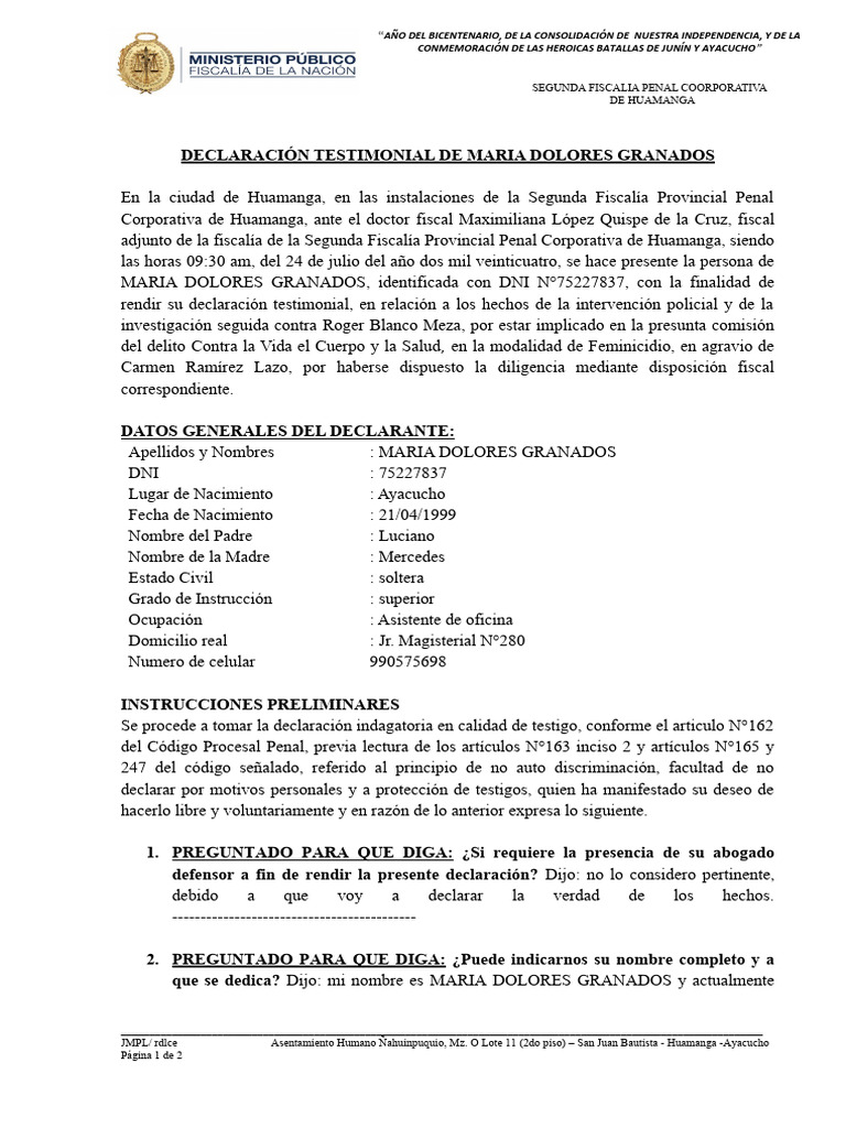 Declaración Testimonial de María Granados | PDF | Fiscal