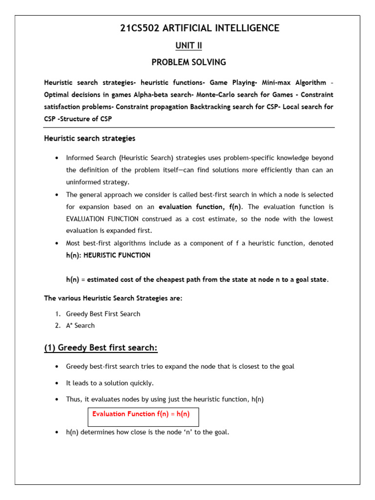 21cs502 Ai Unit-II Notes Short | PDF | Algorithms And Data Structures ...