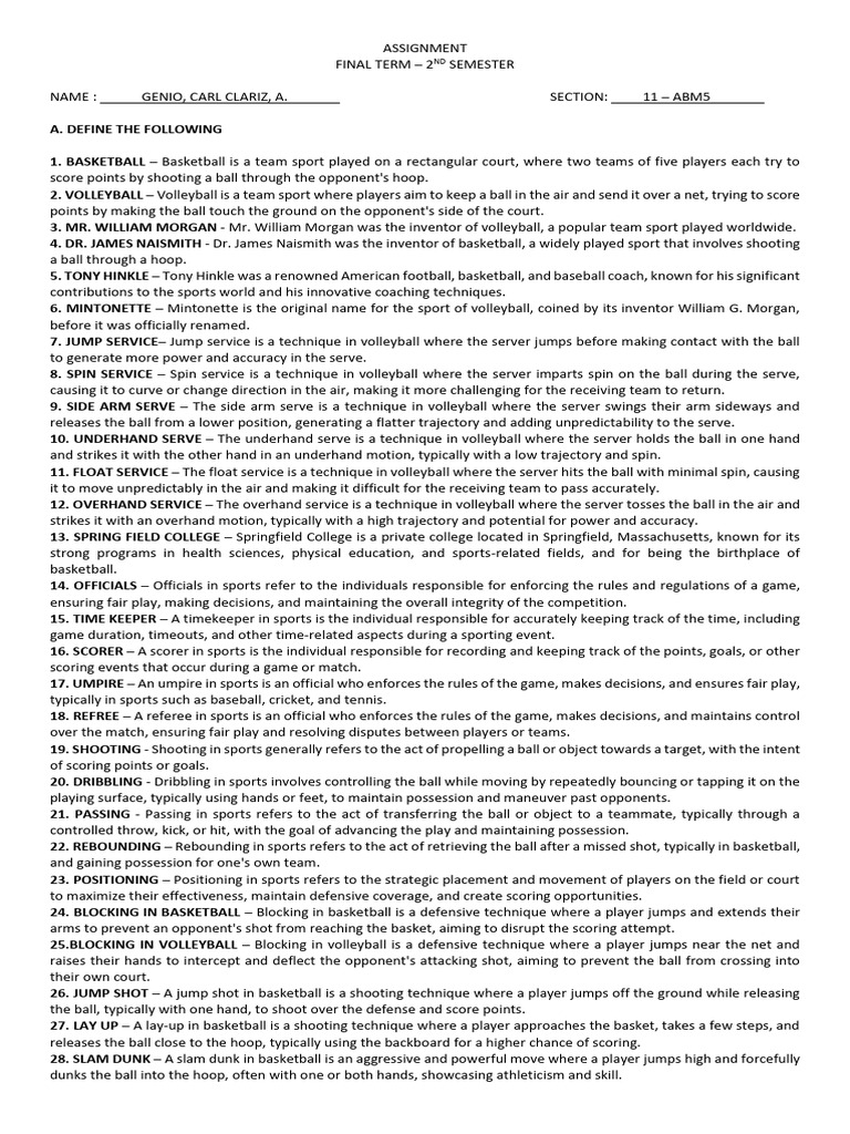 aaASSIGNMENT BASKETBALL AND VOLLEYBALL 1 | PDF | Basketball Positions ...