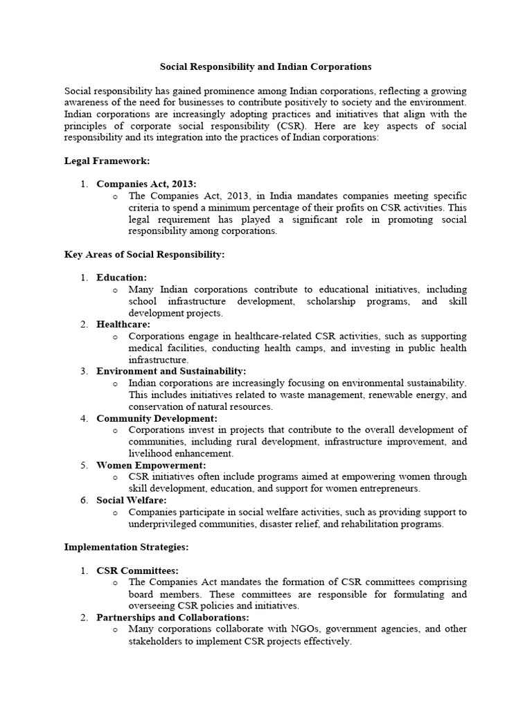 CSR Practices in Indian Corporations | PDF | Corporate Social ...