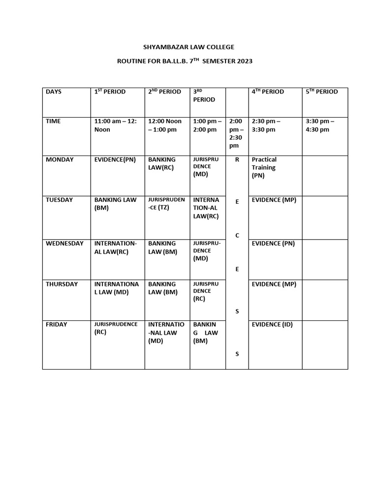 Shyambazar Law College 7th Semester Schedule | PDF | Law