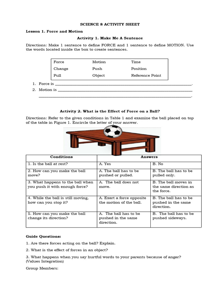 Lesson 1-Activity Sheet-Force and Motion | PDF | Force